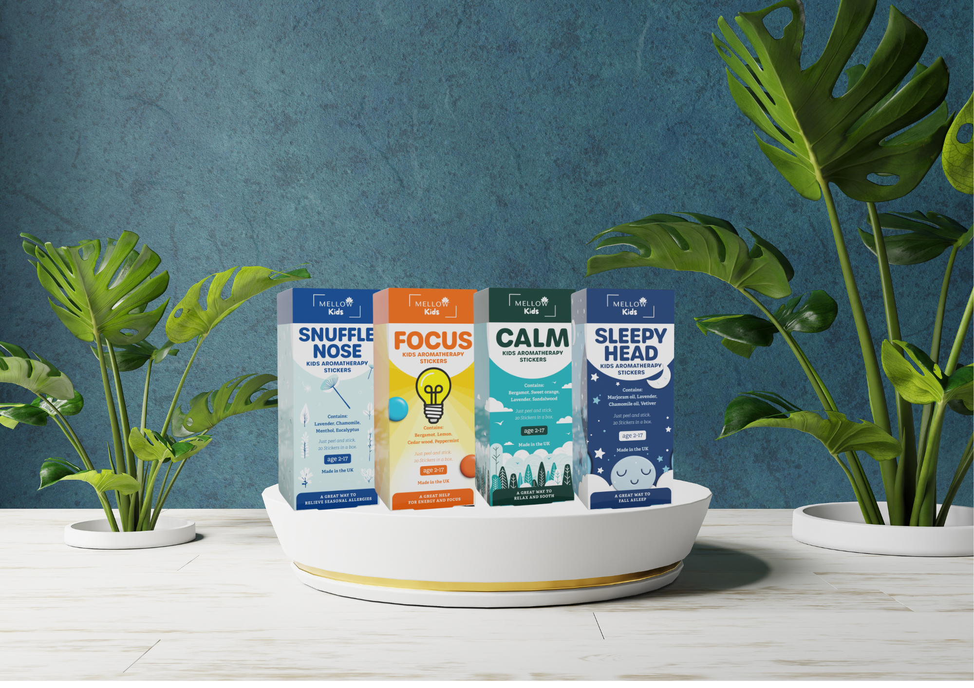 Full Kids Aromatherapy Bundle – Focus, Calm, Sleepy Head & Snuffle Nose stickers
Child-friendly aromatherapy stickers – complete kids wellness bundle
Natural calm, focus & comfort support for kids – Mellow Kids Bundle